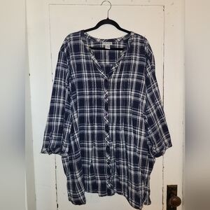 5x light navy plaid button up blouse by Catherines